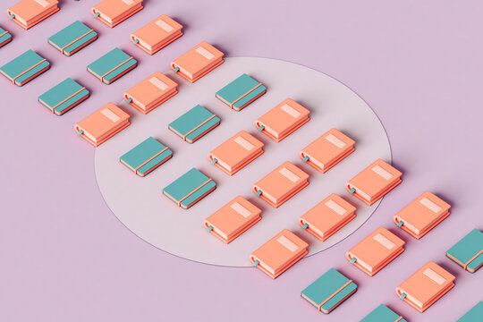 books and notebooks in a row on a violet background. 3D