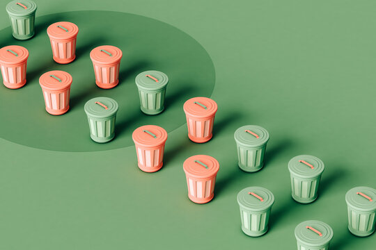 Garbage Trash Bins in a row on green background.