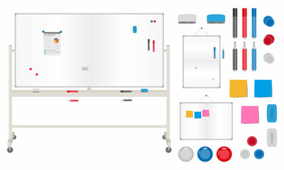 縦、横、大型のホワイトボードと、ペン・マグネット・付箋などの文房具のセットイラスト素材