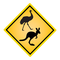 Australian traffic sign with emu and kangaroo. Yellow wildlife road sign with animals silhouettes.Warning mark for highway.Attention, caution roadsign for caution crossing stray kangaroo or emu.Vector