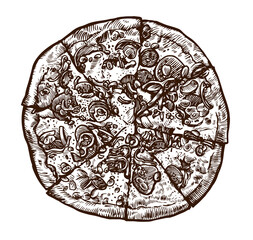 Pizza cut pieces vintage illustration. Italian food in engraving style. Sketch vector illustration