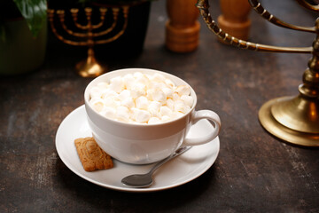 Hot chocolate with marshmallows and a spicy cookie. Culinary photography.