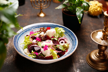 Beetroot salad. Jewish kosher dish.
Healthy, dietary green salad.
Culinary photography. Suggestion to serve the dish.
