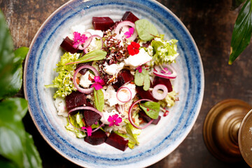Beetroot salad. Jewish kosher dish.
Healthy, dietary green salad.
Culinary photography. Suggestion to serve the dish.