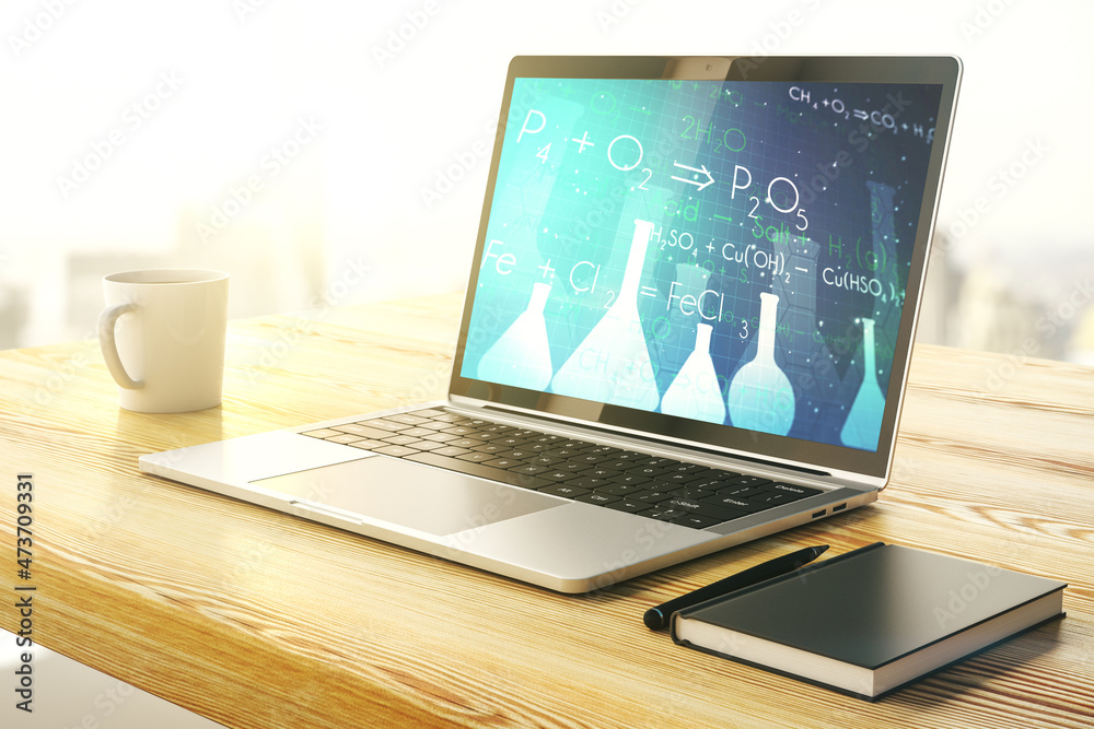 Poster creative chemistry illustration on modern computer monitor, science and research concept. 3d renderi