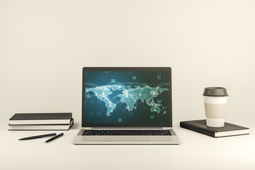Fototapeta premium Computer monitor with abstract graphic digital world map with connections, globalization concept. 3D Rendering