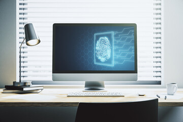 Modern computer monitor with abstract creative fingerprint hologram, research and development concept. 3D Rendering