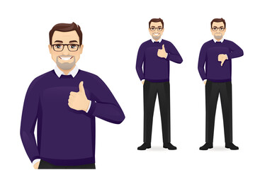Mature business man in casual clothes gesturing thumb up and thumb down isolated vector illustration