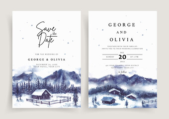 Wedding invitation set of winter landscape with house and icy mountain watercolor