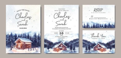 Wedding invitation set of watercolor winter landscape with house and pine trees 