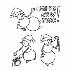Set with black-and-white snowman on white background. Vector image.