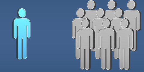 Different Man, group and individuality Concept. crowd of men 3d symbol and one unique character stand out from the crowd 