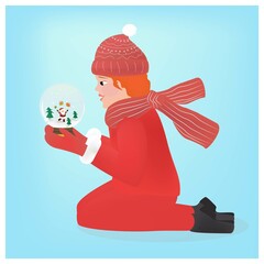 A red-haired girl in red winter clothes is sitting on her knees and holding a snow globe in her hands. Inside the snow globe, little Santa throws gifts up. Christmas illustration.