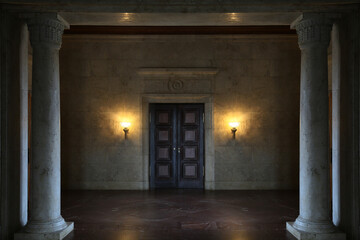 Doors illuminated with lamps in a climatic place 