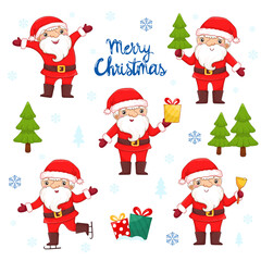 Collection of Christmas Santa Claus. Set of funny cartoon characters with different posture and Christmas, New Year's objects.