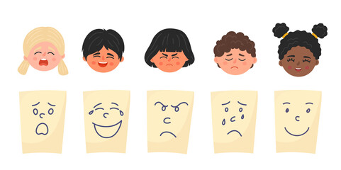 Set from different emotions. Children faces and pieces of paper with drawn emotions. Scared, laughing, sad, angry, smiling, happy.