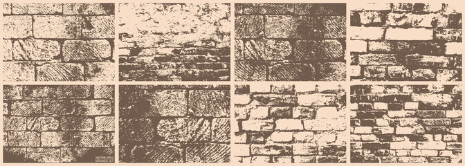 Brick wall texture grunge set. Architecture, construction, building backdrop. Bricks, cement, concrete. Stonewall grunge vector backgrounds. Rough grungy textures collection.