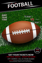 American football poster. Sport bar party banner. Football ball with neon lights illustration. Sport cafe event vector poster or banner design. © ADELART