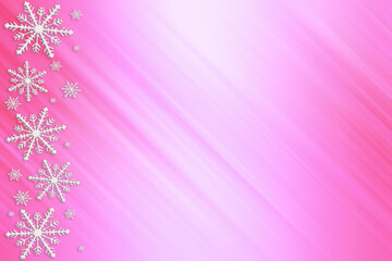 Winter pink magenta rose saturated bright gradient background with random snowflakes sideways and with diagonal light stripes. Christmas, New Year card with copy space.