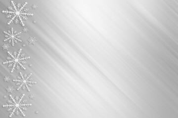 Winter grey bright gradient background with random snowflakes sideways and with diagonal light stripes. Christmas, New Year card with copy space.