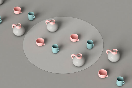 Coffee cups and jugs in a row on a circular design. 