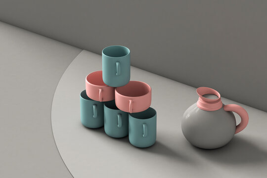 Coffee cups and jug on a minimal design gey background