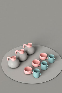 Coffee cups and jug on circular design with copy space