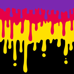 Color Paint Dripping Seamless Borders Set. Vector paint, colorful ink drips silhouettes set. Liquid flowing stains, abstract splatter design elements on black background