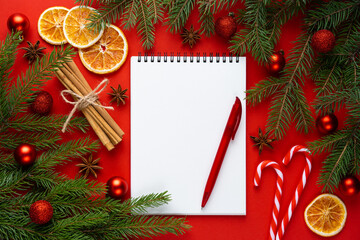 blank text, Christmas and New Year concept, pen and notebook with blank sheet copy space, Xmas holiday banner. Top view. New 2022 Year greeting card