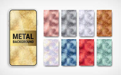 Trendy metallic vertical background set. Vector shiny distressed golden, silver, blue, rose gold, red grunge texture on smartphone screen collection for social media banner, cover, phone wallpaper