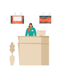 Check in or gate desk with flight attendant in unifrom. Vector illustration