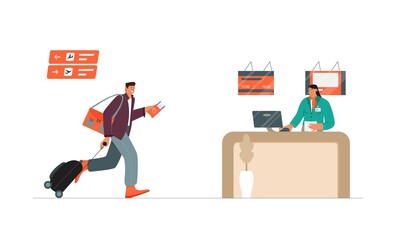 Running man with suitcase in a hurry to a counter desk trying to get his flight and be in time for boarding. Vector illustration of passenger, check in desk and flight attendant.