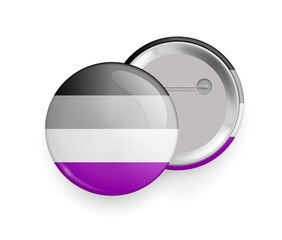 Asexual flag round glossy metallic 3d badge mockup. Lgbtq flag, official symbol of the community. Front and back side of pin button realistic vector illustration