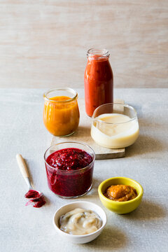 Condiments and sauces in bottle and jars