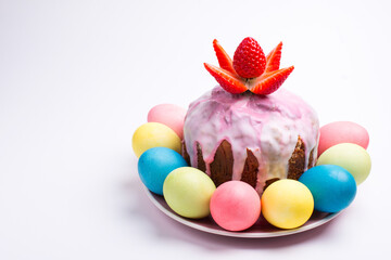 Easter cake and colored eggs. Holiday