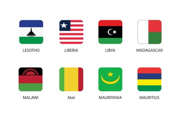 Set of square flag in Africa countries isolated on white background. Set of Lesotho, Liberia, Libya, Madagascar, Malawi, Mali, Mauritania and Mauritius.