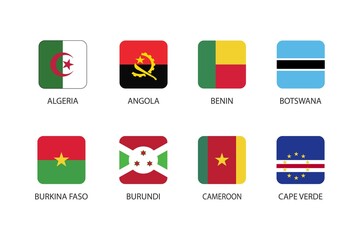 Obraz premium Set of square flag in Africa isolated on white background. Set of Algeria, Angola, Benin, Botswana, Burkina Faso, Burundi, Cameroon and Cape Verde.