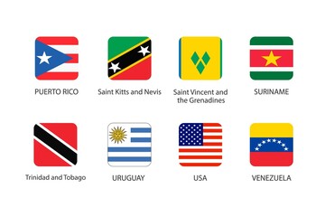 Set of square flag in America isolated on white background. Set of Puerto Rico, Saint Kitts and Nevis, Saint Vincent and the Grenadines, Suriname, Trinidad and Tobago, Uruguay, USA and Venezuela.