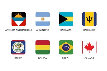 Set of square flag in America isolated on white background. Set of Antigua and Barbuda, Argentina, Bahamas, Barbados, Belize, Bolivia, Brazil and Canada.