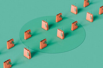 paper bags in rows crossing the frame with a sale tag