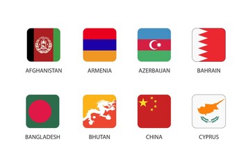 Set of square flag in Asia countries isolated on white background. Set of Afghanistan, Armenia, Azerbaijan, Bahrain, Bangladesh, Bhutan, China and Cyprus.