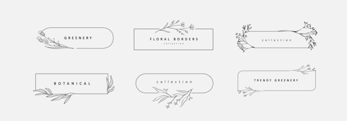 Floral branch and minimalist flowers for logo or tattoo. Hand drawn line wedding herb, elegant leaves for invitation save the date card. Botanical rustic trendy greenery - 473716964