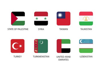 Set of square flag in Asia countries isolated on white background. Set of State of Palestine, Syria, Taiwan, Tajikistan, Turkey, Turkmenistan, United Arab Emirates and Uzbekistan.