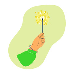 Woman hand holding Burning sparkler. Christmas bengal light,  New year, Birthday party,  celebration design element.