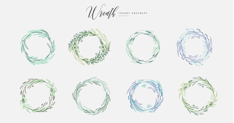 Set of floral decoration wreath and round labels. Branch and minimalist flowers. Hand drawn line wedding herb, elegant leaves for invitation save the date card. Botanical rustic trendy