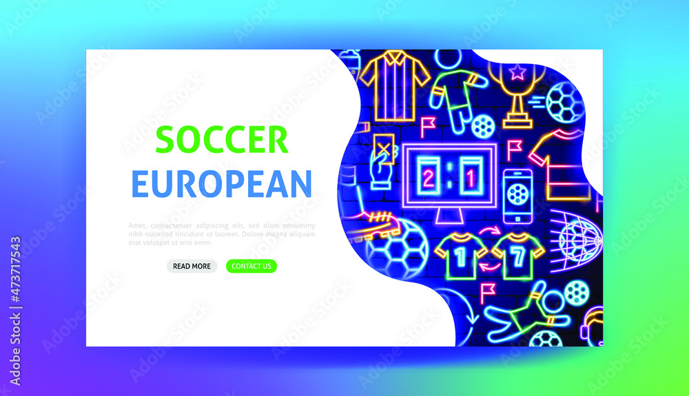 Sticker soccer european neon landing page. vector illustration of football promotion.