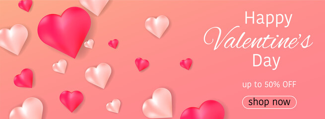 Pink banner for Happy Valentine's Day with hearts. Template for sales, advertisements, banners, cards, promotions, posters. Vector banner.