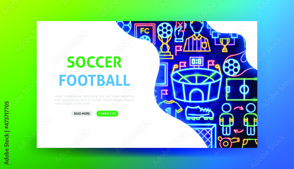 Sticker Soccer Football Neon Landing Page. Vector Illustration of Sport Promotion.