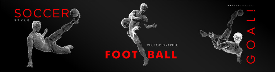 A set of football, soccer players drawing by white lines with text on dark-gray background