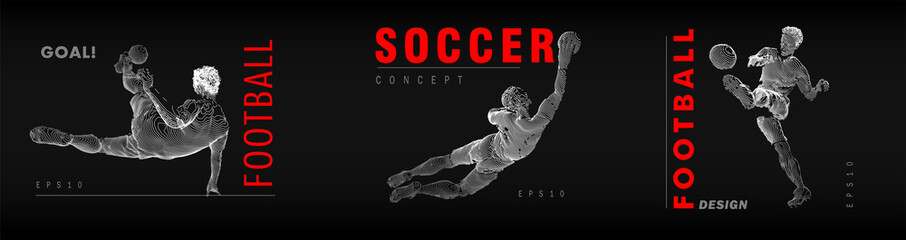 A set of football, soccer players drawing by white lines with text on dark-gray background